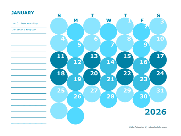 2026 Kids Monthly Calendar Colorful