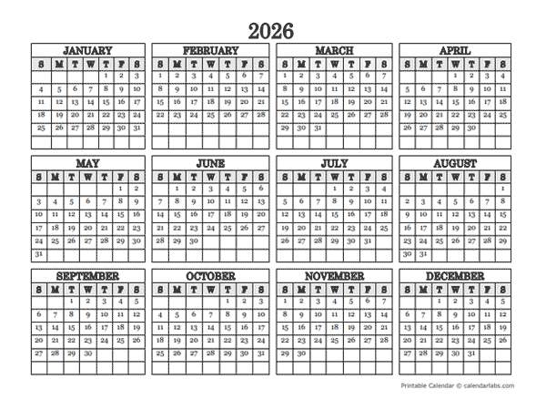 2026 Landscape Printable Calendar