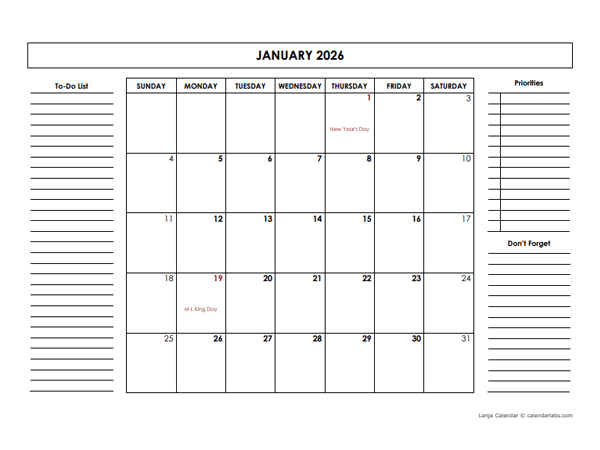 2026 Large Monthly Calendar With Holidays