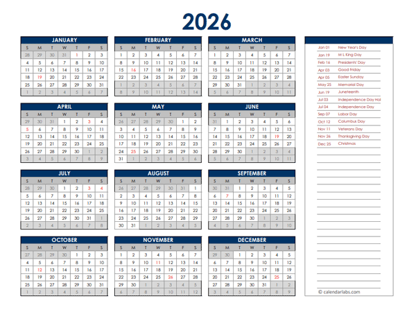 2026 Mexico Annual Calendar with Holidays