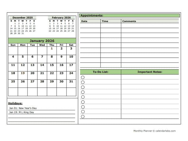 2026 Monthly Appointment Planner