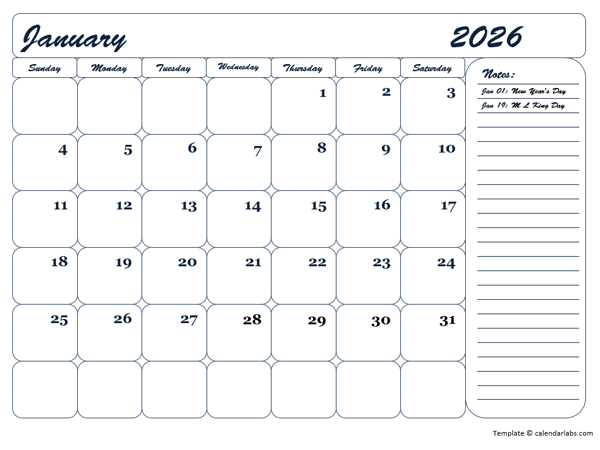 2026 Monthly Blank Calendar Template