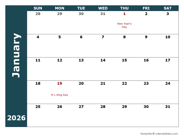 2026 Monthly Calendar Template
