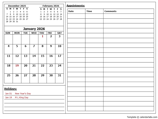 2026 Monthly Appointment Calendar