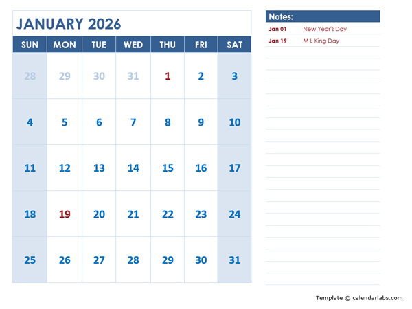 2026 Monthly Calendar Template Landscape