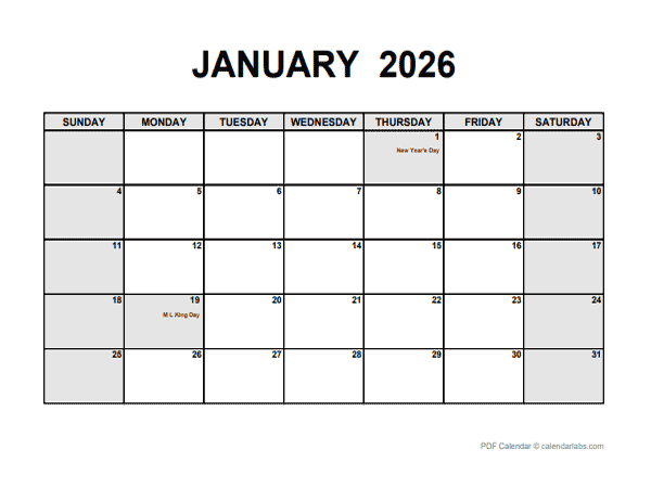 2026 Monthly Calendar PDF