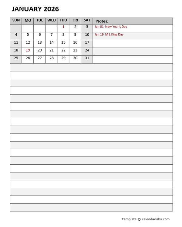 2026 Monthly Calendar Template Portrait - Free Printable Templates