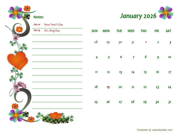 2026 Monthly Calendar Template Design