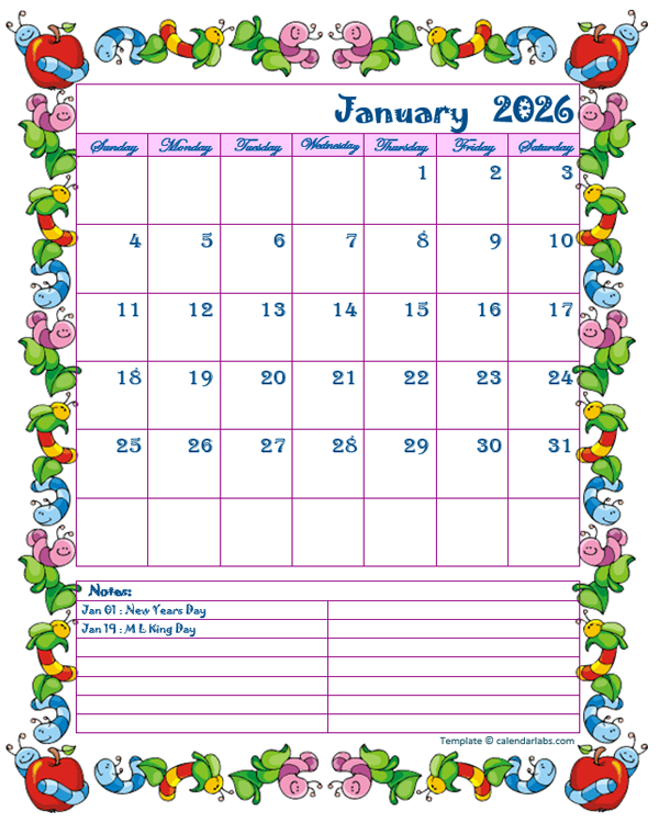 2026 Monthly Kid KIndergarten Calendar Template