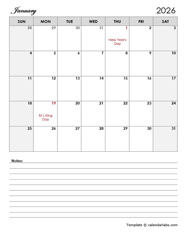 2026 Calendar Template Large Boxes