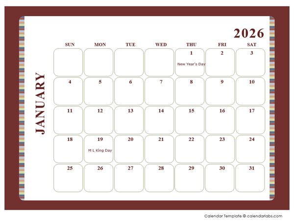 2026 Calendar Template Large Boxes