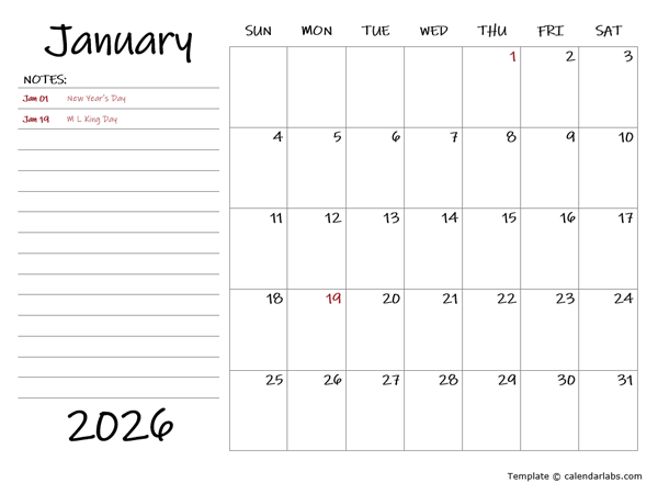 2026 Calendar Template with Monthly Notes