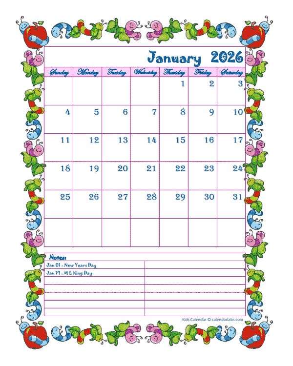 2026 Monthly Cute Kids Calendar Template