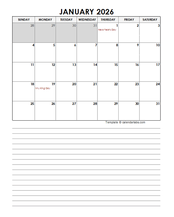 2026 Monthly Excel Template Calendar