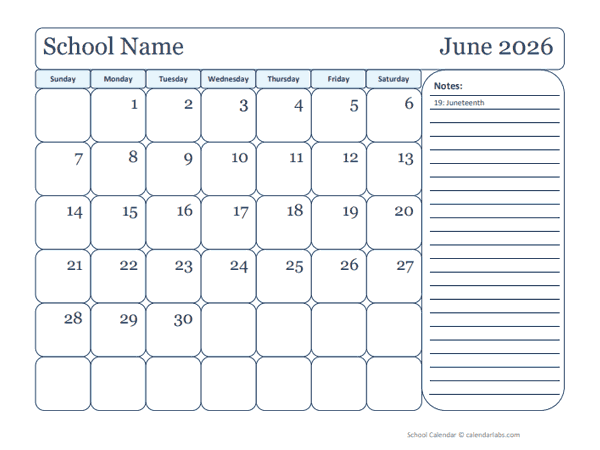 2026 Monthly Free School Jun-Sep Calendar