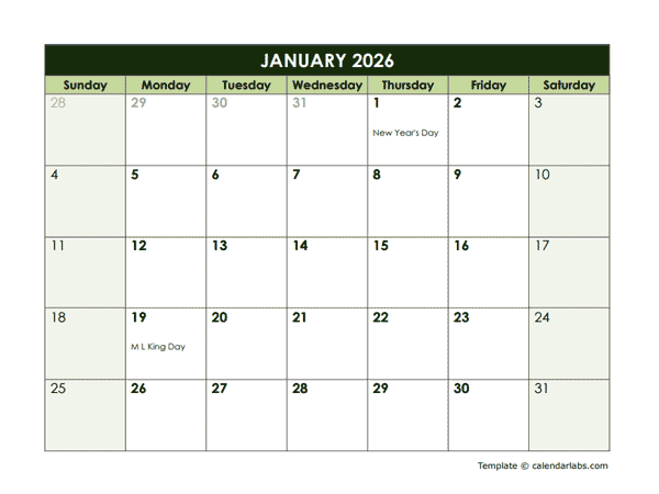 2026 Monthly Google Docs Calendar Template