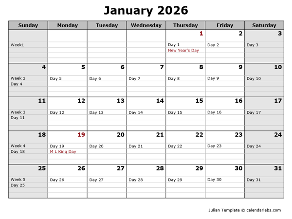 2026 Monthly Julian Calendar Landscape