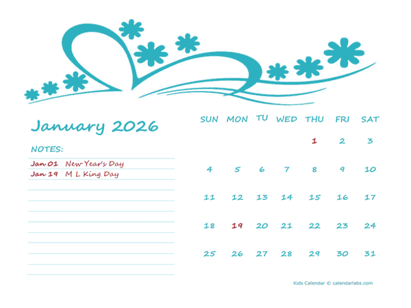 2026 Monthly Kids Calendar Template Design