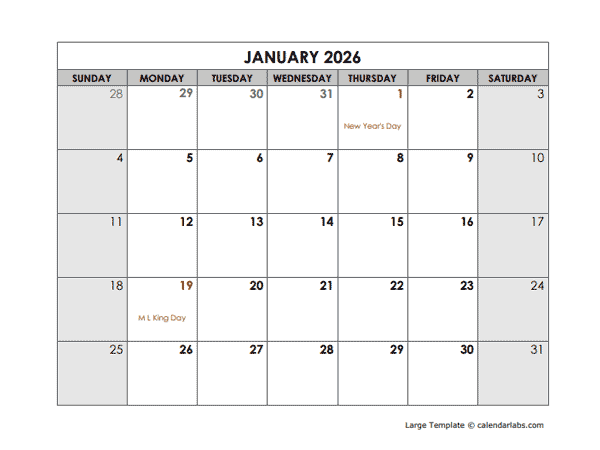 2026 Monthly Large Calendar Holidays