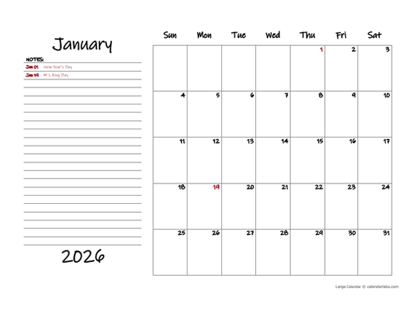 2026 Monthly Large Calendar With Notes