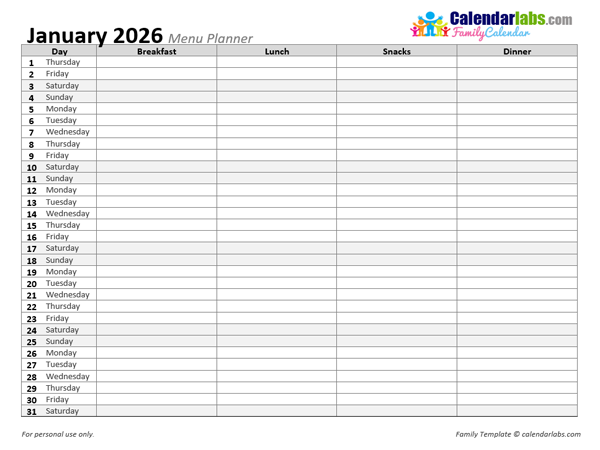 2026 Monthly Menu Planner