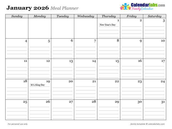 2026 Monthly Menu Planner