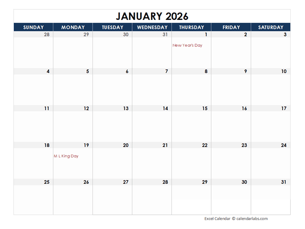 2026 Monthly Numbers Calendar Template