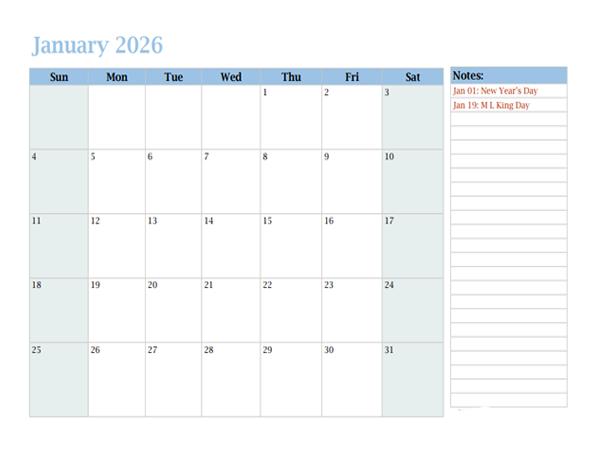 2026 Monthly OneNote Calendar