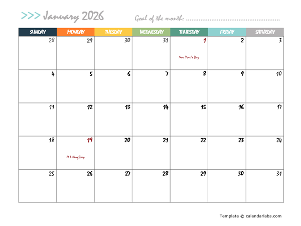 2026 Monthly Pages Calendar Template