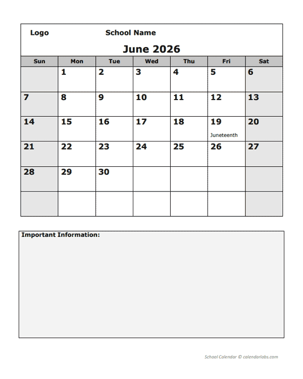 2026 Monthly School Jun-Sep Calendar