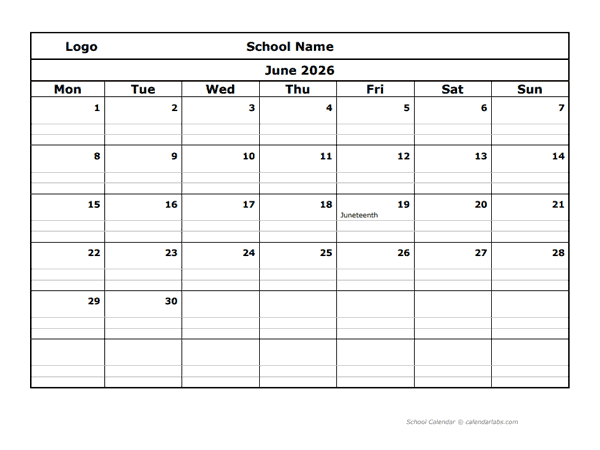 2026 Monthly School Mon Jun-Sep Calendar