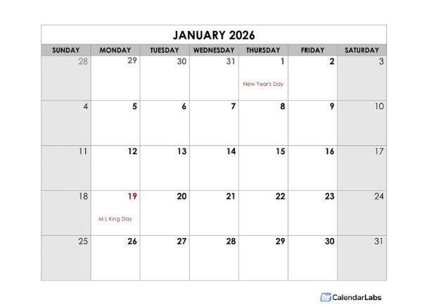 2026 Monthly US Holidays LibreOffice Calendar