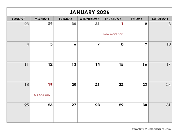 2026 Monthly Calendar with US Holidays - Free Printable Templates