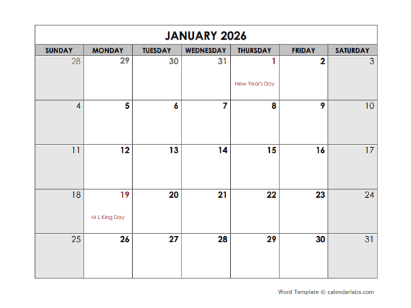 2026 Monthly Word Australia Calendar Holidays