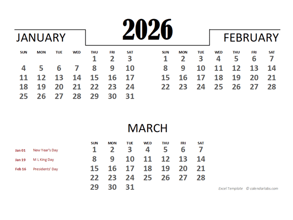 2026 Numbers Calendar with Holidays