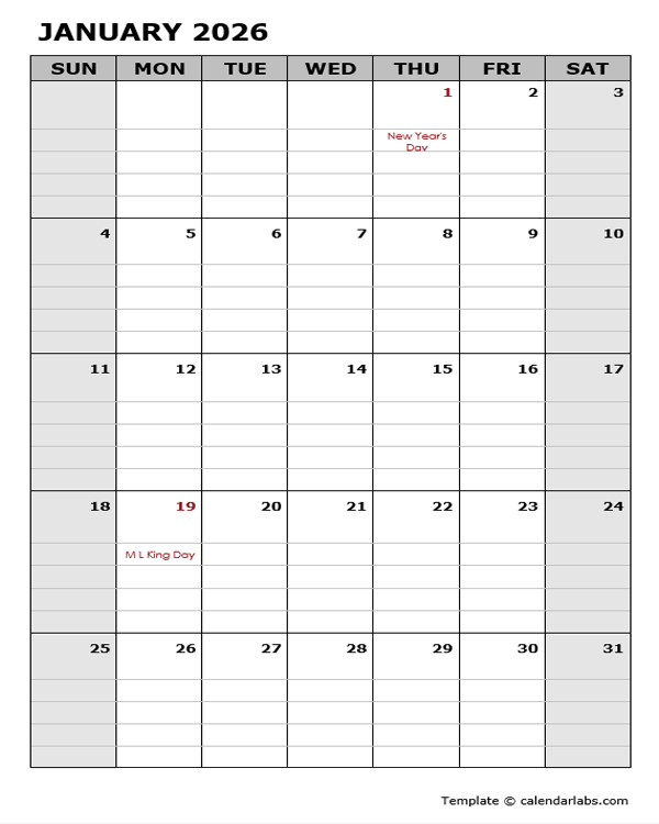 2026 Pages Calendar with Holidays