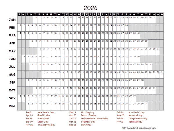 2026 PDF Calendar With Federal Holidays