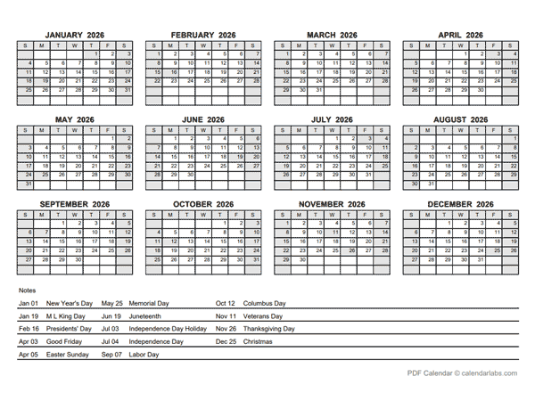 2026 PDF Yearly Calendar With Holidays