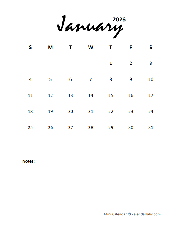 2026 Portrait Mini Calendar Printable
