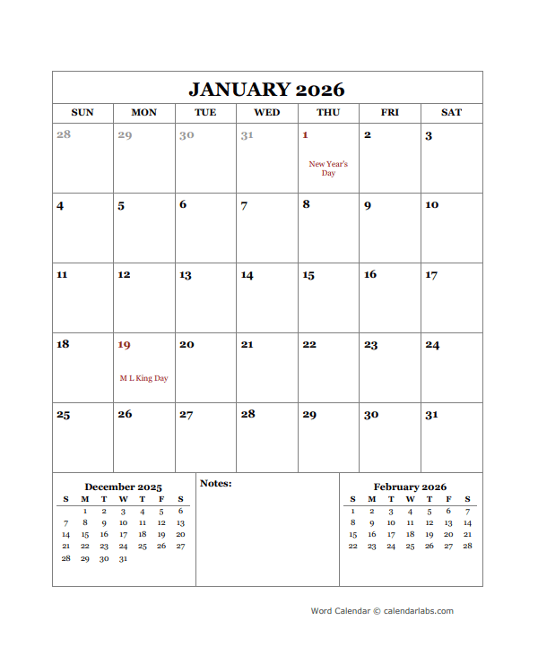 2026 Printable Calendar with Thailand Holidays