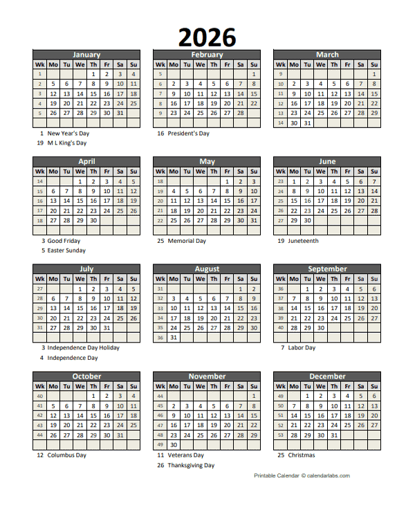 2026 Printable Calendar With Holidays