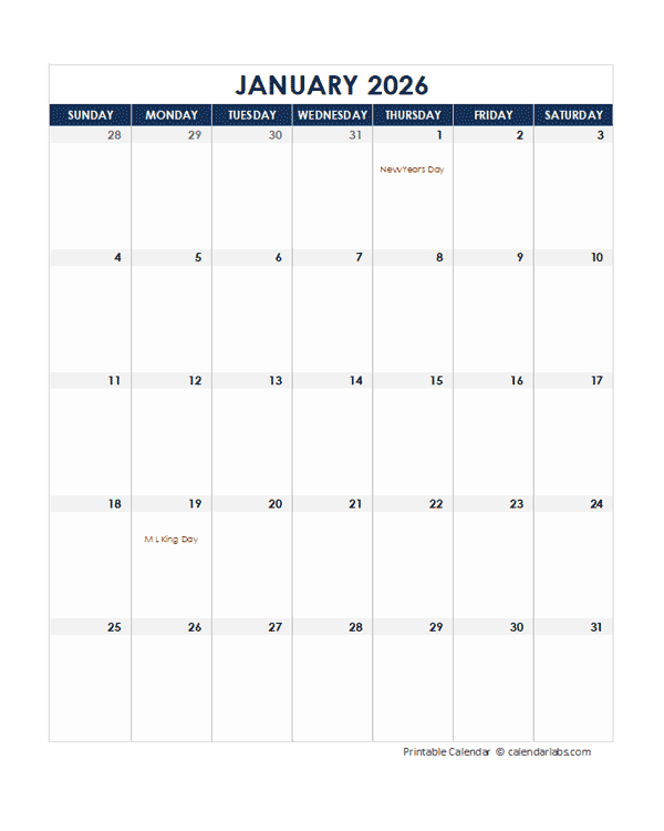 2026 Printable Calendar With large Boxes - Free Printable Templates