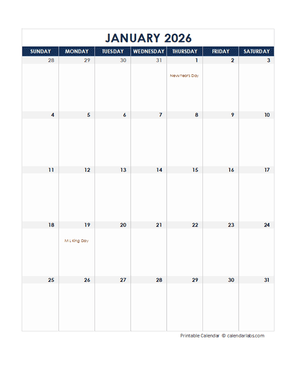 2026 Printable Calendar With large Boxes