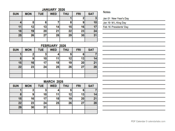 2026 Printable Calendar With Notes