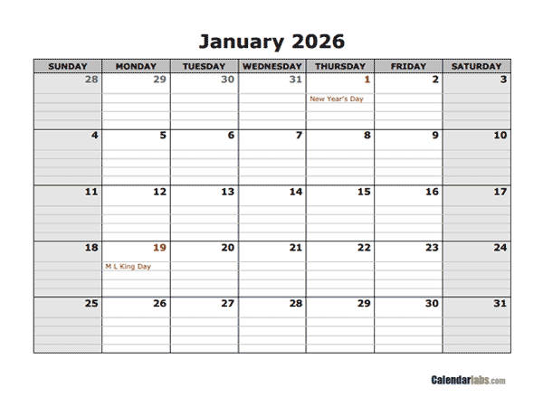 2026 Printable Landscape Monthly Calendar