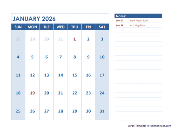 2026 Printable Large Calendar