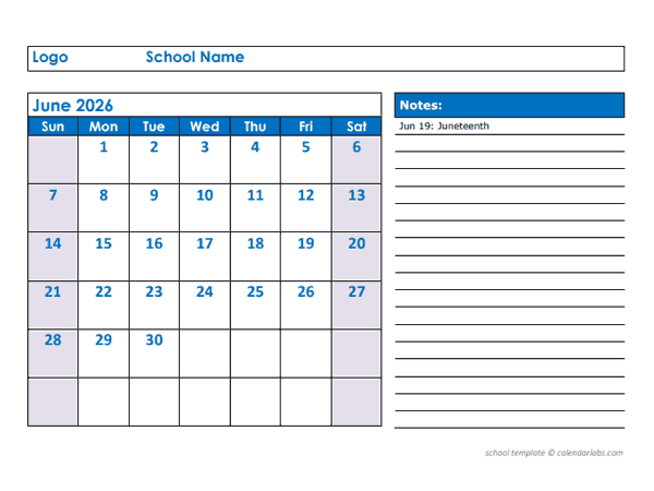 2026 Printable School Monthly Jun-Sep Calendar