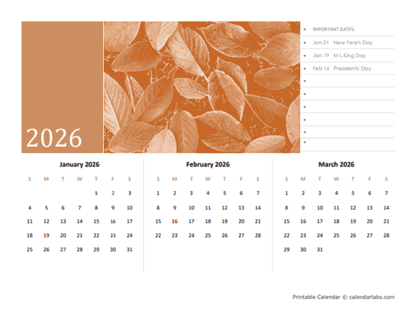 2026 Printable Three Months Calendar