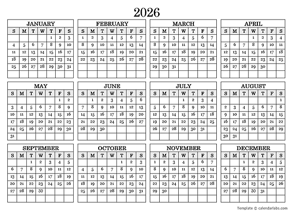 2026 Blank Yearly Calendar Landscape