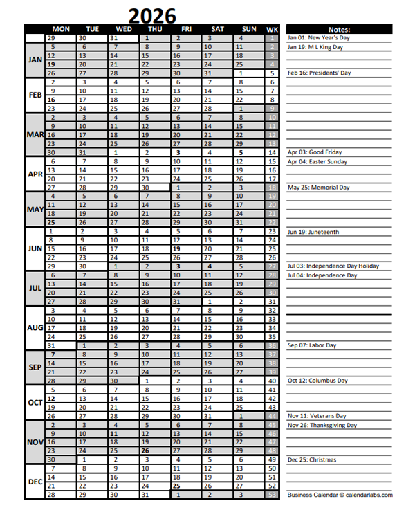 2026 Business Project Planning Calendar With Week Number